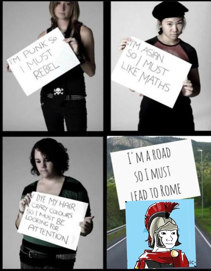 All Roads Lead To Rome — Four-panel meme showing individuals with protest signs referencing proverb with wordplay.