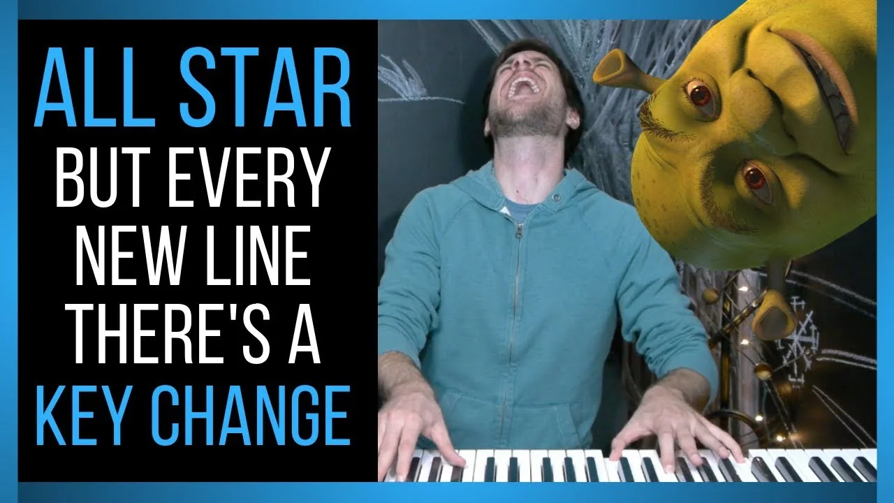 All Star / Shrek — YouTube thumbnail split between pianist and Shrek's face with text 'ALL STAR BUT EVERY NEW LINE THERE'S A KEY CHANGE'.
