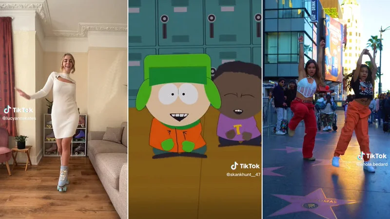 All The Pretty Girls Walk Like This — Compilation image featuring South Park characters Kyle and Token dancing in center with real TikTok users performing