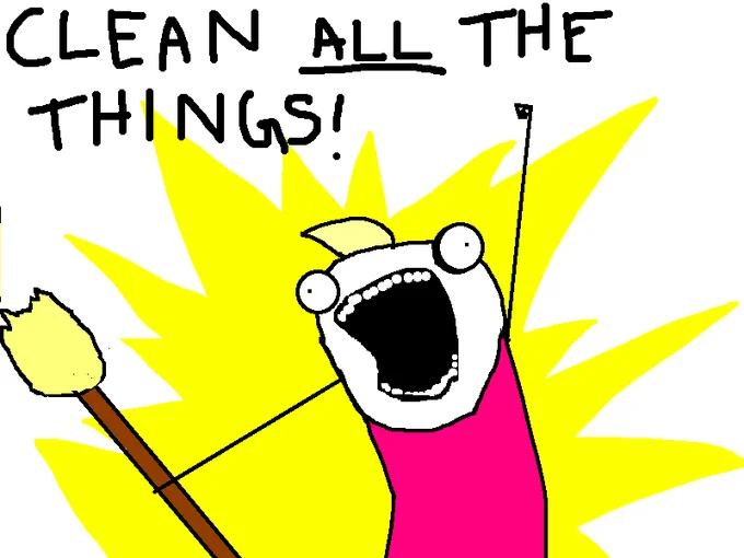 Small version of the 'Clean all the things!' cartoon character with broom