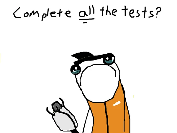 Resigned All The Things character in graduation cap captioned 'Complete all the tests?'