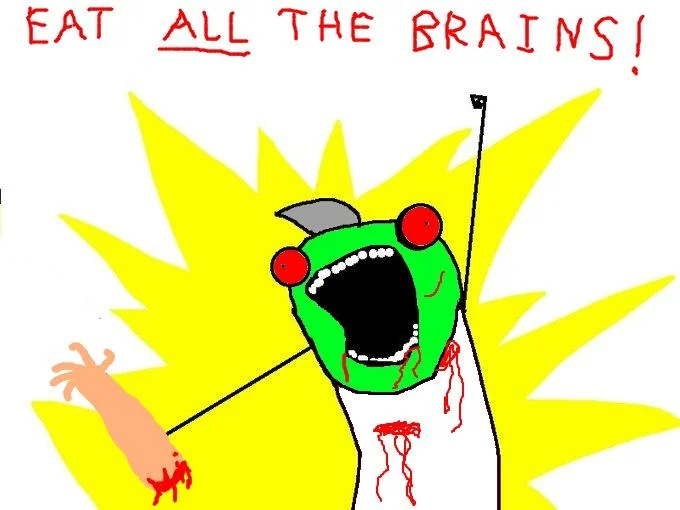 Zombie version of All The Things character eating an arm captioned 'Eat all the brains!'