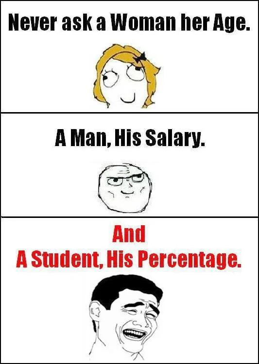 All Three Are Going To Lie To You Never Ask A Woman Her Age — Rage comic three-panel meme with woman age, man salary, and student percentage using Derpina