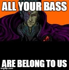 All Your Base Are Belong To Us — Pixel-art Zero Wing villain CATS on orange background captioned 'ALL YOUR BASS ARE BELONG TO US' bass pun.