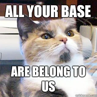 Calico cat sitting at desk with 'ALL YOUR BASE ARE BELONG TO US' impact-font caption.