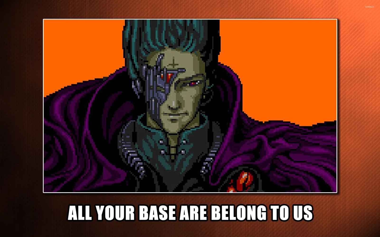 Clean pixel-art rendering of Zero Wing villain CATS on orange background with 'ALL YOUR BASE ARE BELONG TO US' in white text.