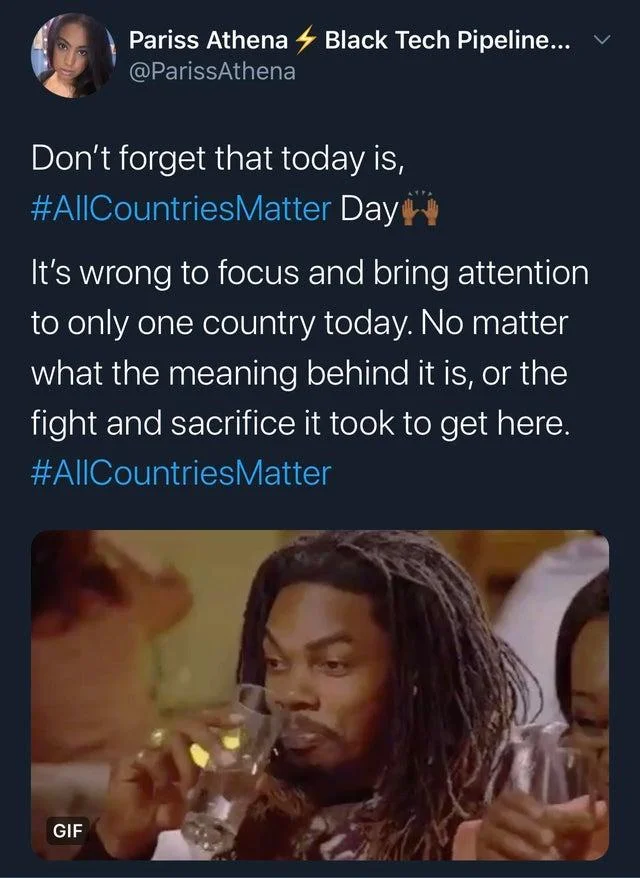 Twitter post declaring AllCountriesMatter Day with sarcastic toasting GIF