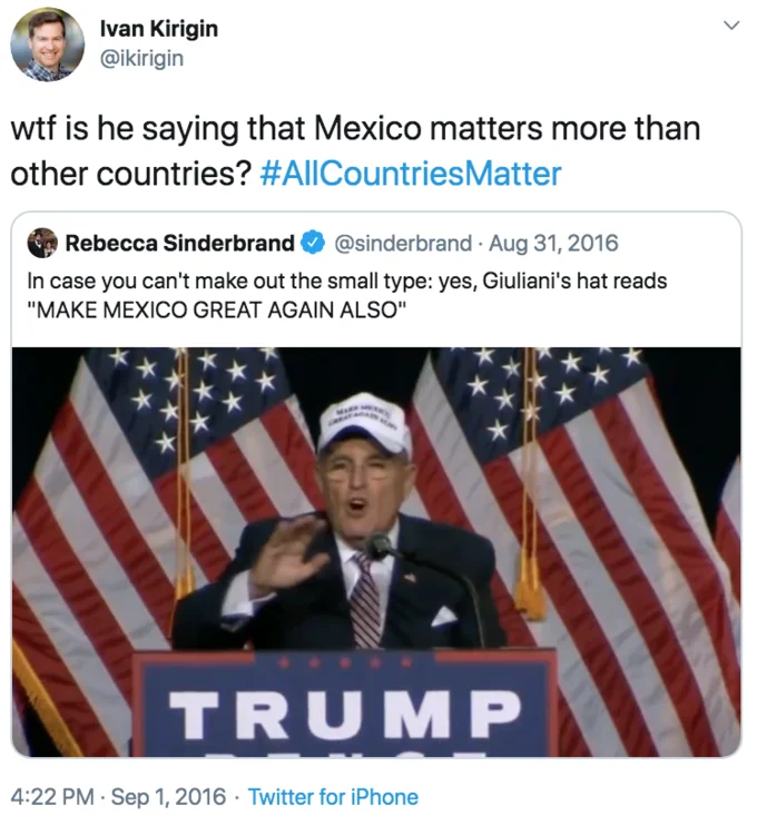 Twitter post using AllCountriesMatter hashtag in response to Trump MAGA slogan
