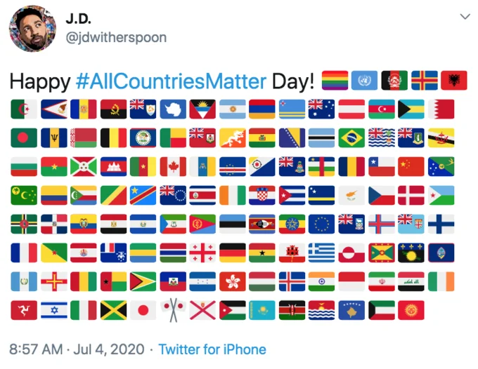 Twitter post saying Happy AllCountriesMatter Day with flag emojis