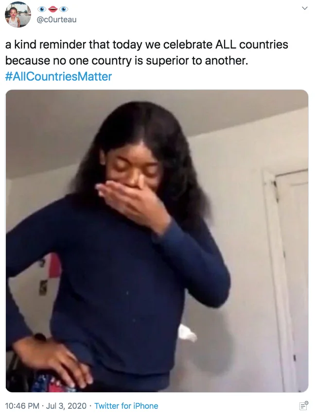 Allcountriesmatter — Twitter post with reaction image about celebrating all countries on July 4th