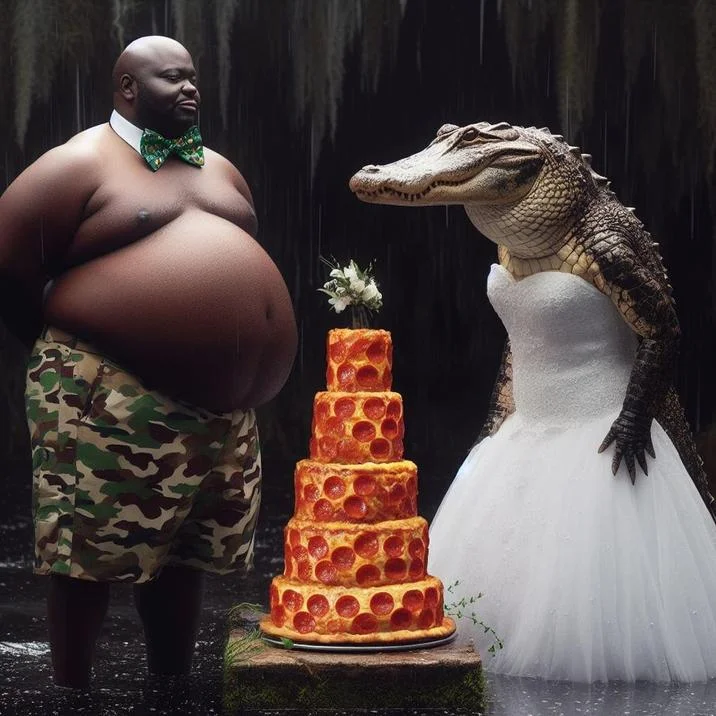 Alligator Kick Black Guy Kicking Alligator — Man and alligator in wedding scene with pizza cake