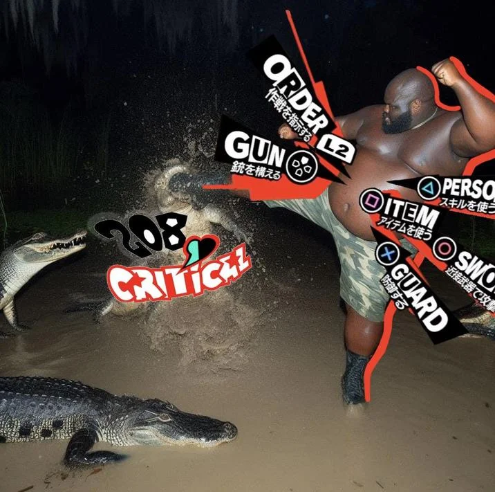 Alligator Kick Black Guy Kicking Alligator — Alligator kick image with Persona 5 game UI overlay showing critical hit