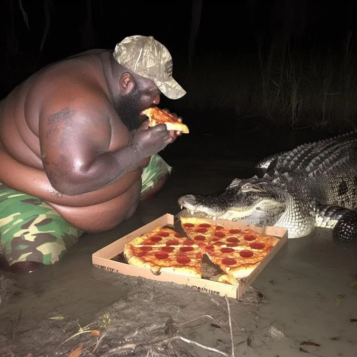 Alligator Kick Black Guy Kicking Alligator — Man eating pizza with an alligator in a swamp at night