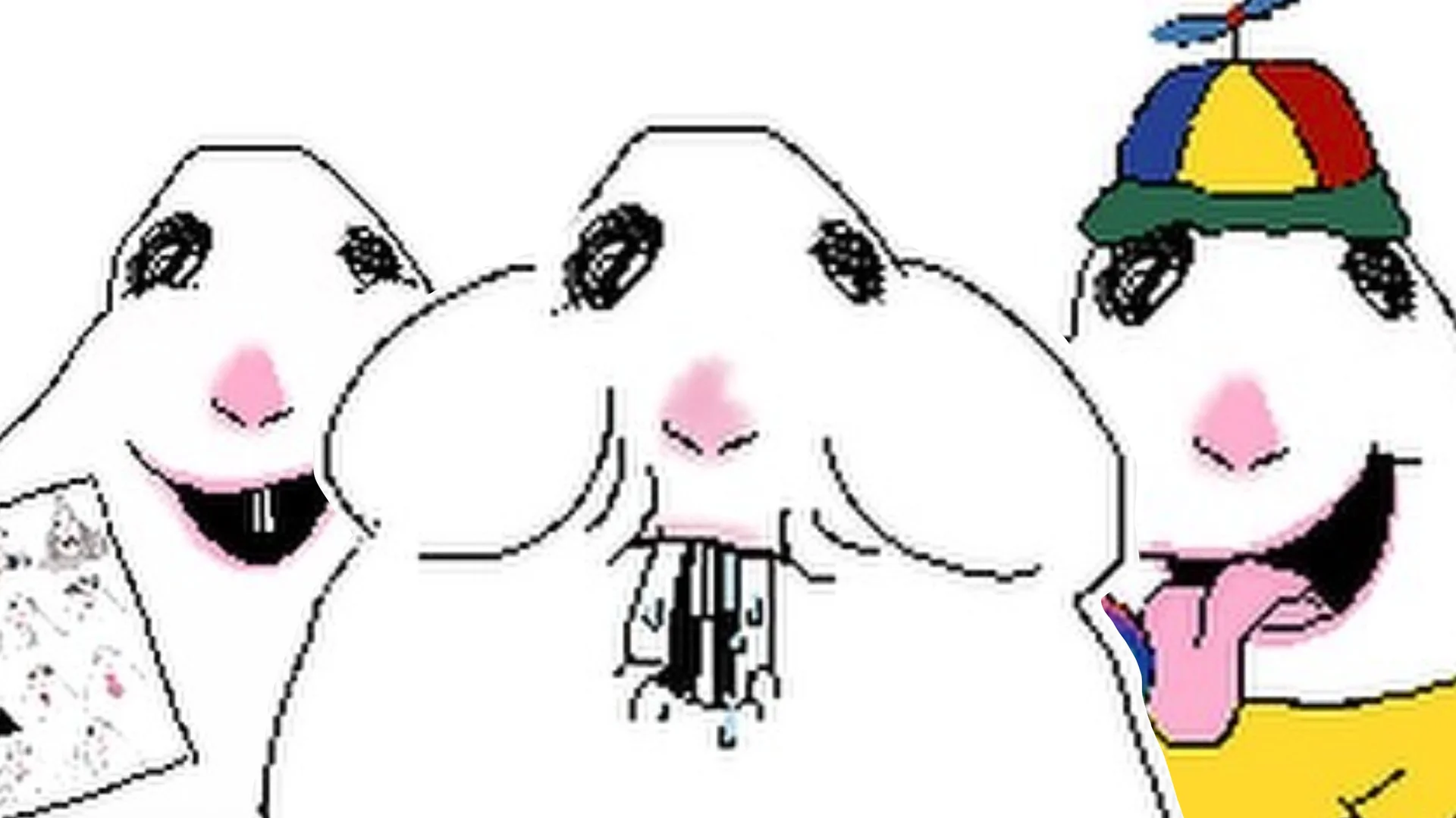 Hamster Drawing Memes — Three almarts27 hamster drawings side by side including nervous, keyboard-teeth, and propeller-hat variants