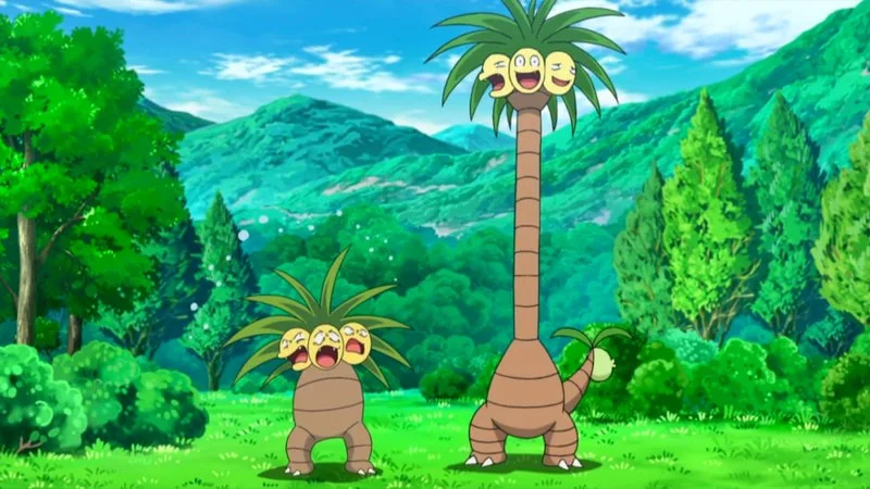 Tall Alolan Exeggutor standing next to shorter regular Exeggutor in a green anime landscape