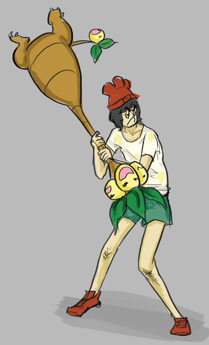 Pokémon Sun and Moon — Fan art of Pokemon Sun and Moon protagonist swinging an Alolan Exeggutor as a weapon
