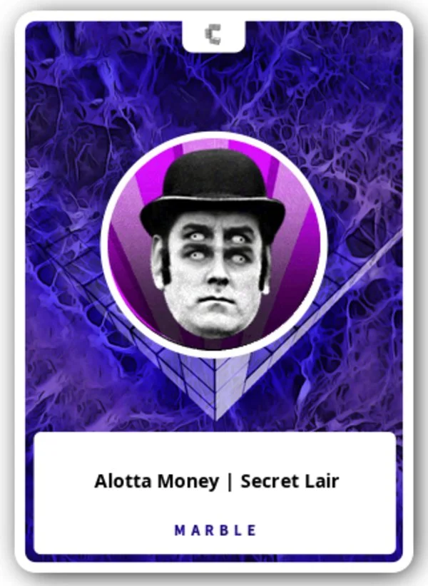 Premium collectible card of Alotta Money in bowler hat and vintage suit centered in magenta circle against purple digital background.