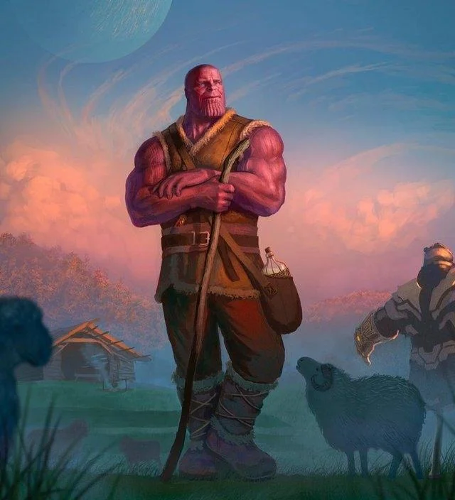 Alternative Avengers Endgame Endings — Clean template image of Thanos on peaceful farm from Avengers Endgame without text overlay.