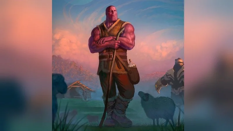 Alternative Avengers Endgame Endings — Primary template image of Thanos on peaceful picturesque farm from Avengers Endgame, foundational visual.
