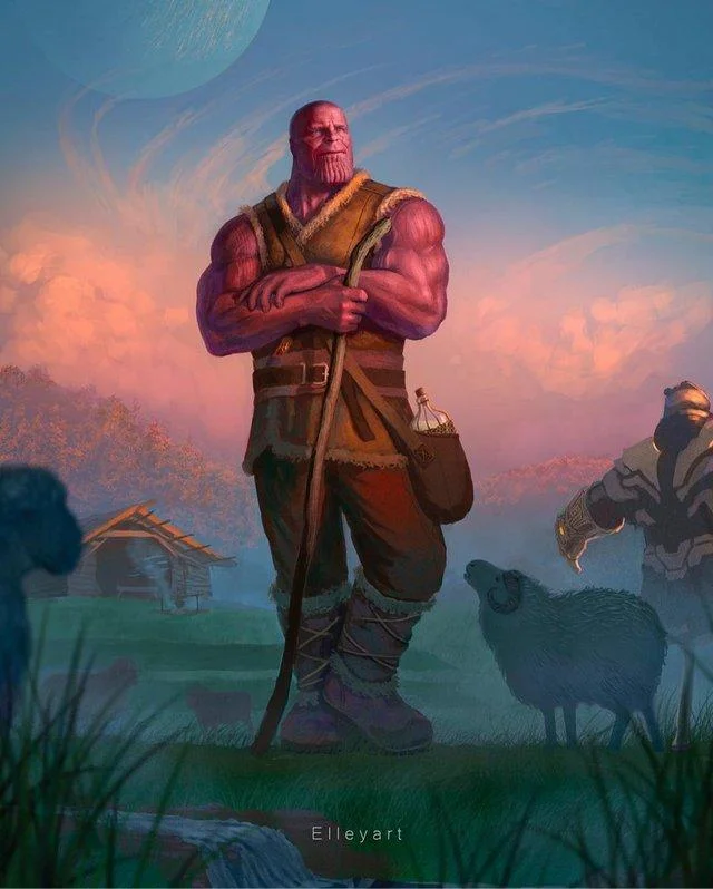 Alternative Avengers Endgame Endings — Clean image of Thanos standing on peaceful pastoral farm setting from Avengers Endgame.