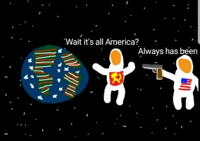 Always Has Been meme in cartoon style with simplified astronauts and America-themed Earth.