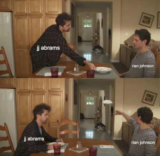 Always Sunny Plate Toss — Plate toss meme with JJ Abrams handing Snoke plate to Rian Johnson who discards it