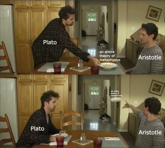 Always Sunny Plate Toss — Plate toss meme with Plato handing theory of metaphysics to Aristotle who discards it
