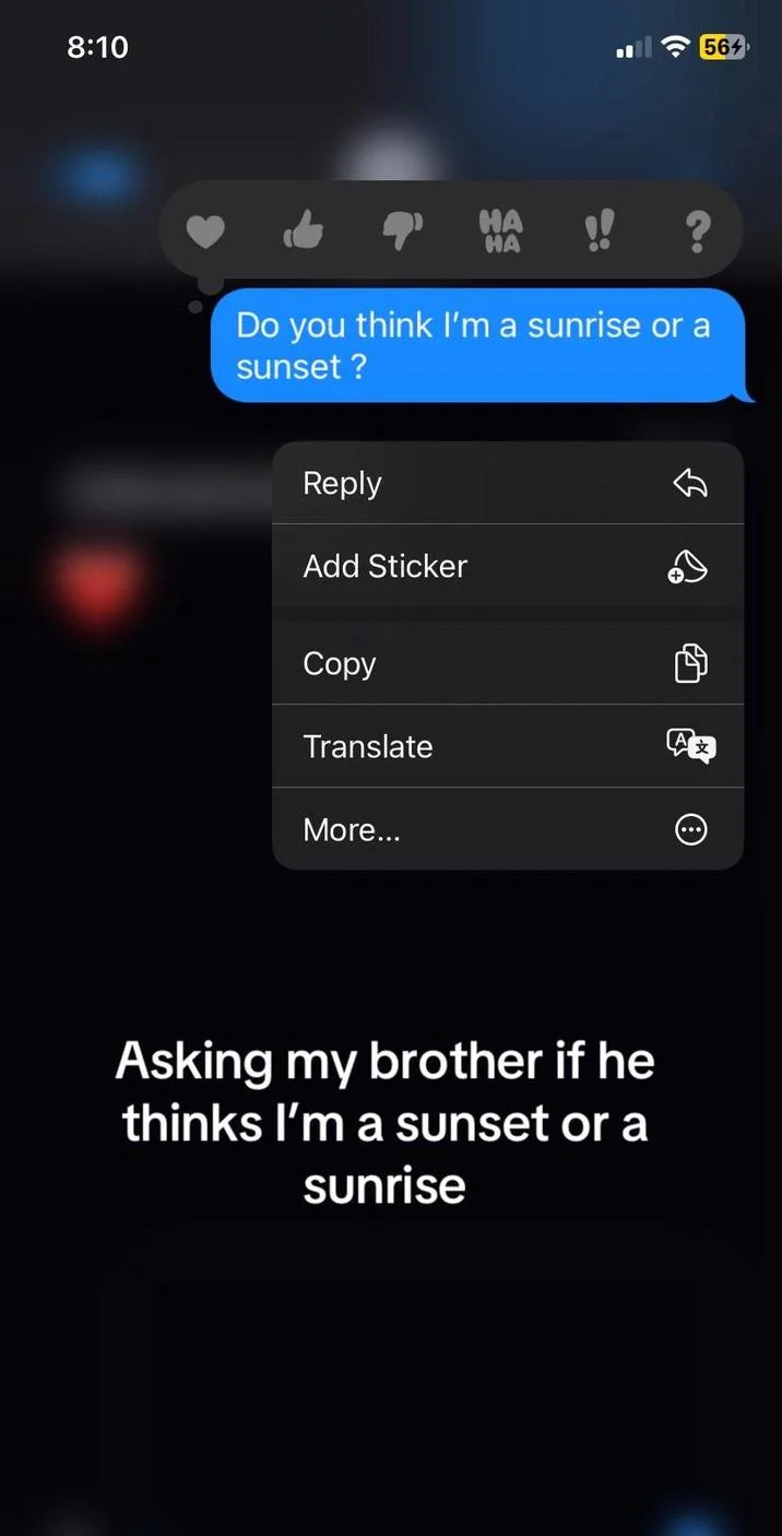 Am I A Sunrise Or Sunset Tiktok — 8:10 HA HA Do you think I'm a sunrise or a sunset? Reply Add Sticker Copy Translate 文 More... Asking my brother if he thinks