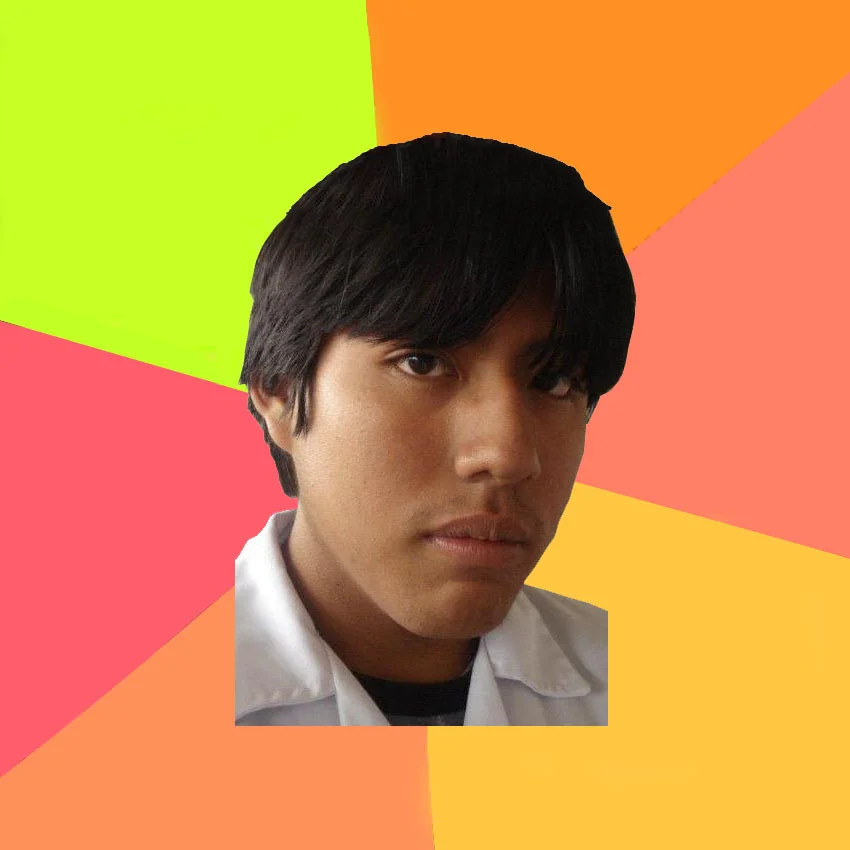 Am I Ugly? — Young person with dark hair in white shirt against colorful geometric background