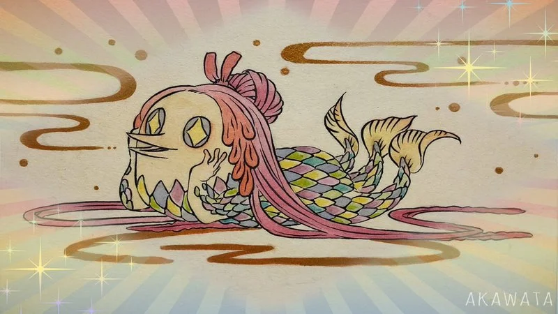 Professional Amabie illustration with pink-red hair, diamond-patterned eyes, colorful scales, and luminous aura.