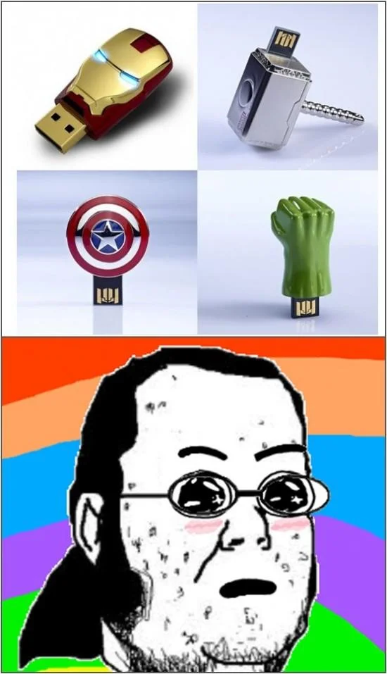 Marvel superhero USB drives with a man displaying an Amazed Face reaction below