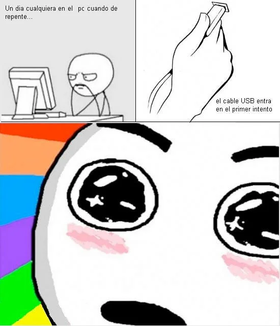 Spanish rage comic about a USB cable working on the first try with Amazed Face reaction