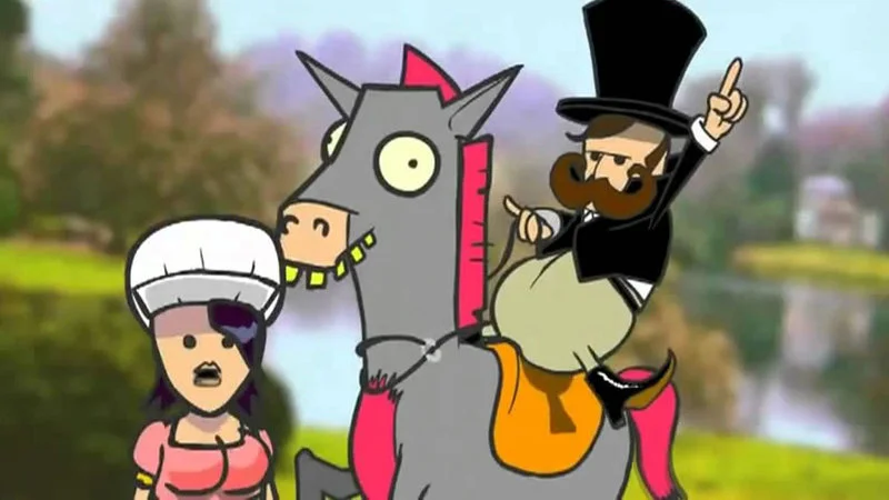 Iconic scene from Amazing Horse animation with gray horse, man in top hat, and woman in chef's hat.