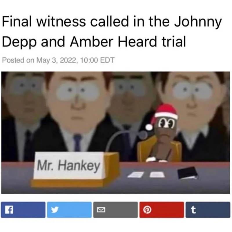 Amber Heard Revenge Poop — Fake news screenshot with South Park's Mr. Hankey the Christmas Poo at a Congressional witness table, captioned as the final trial