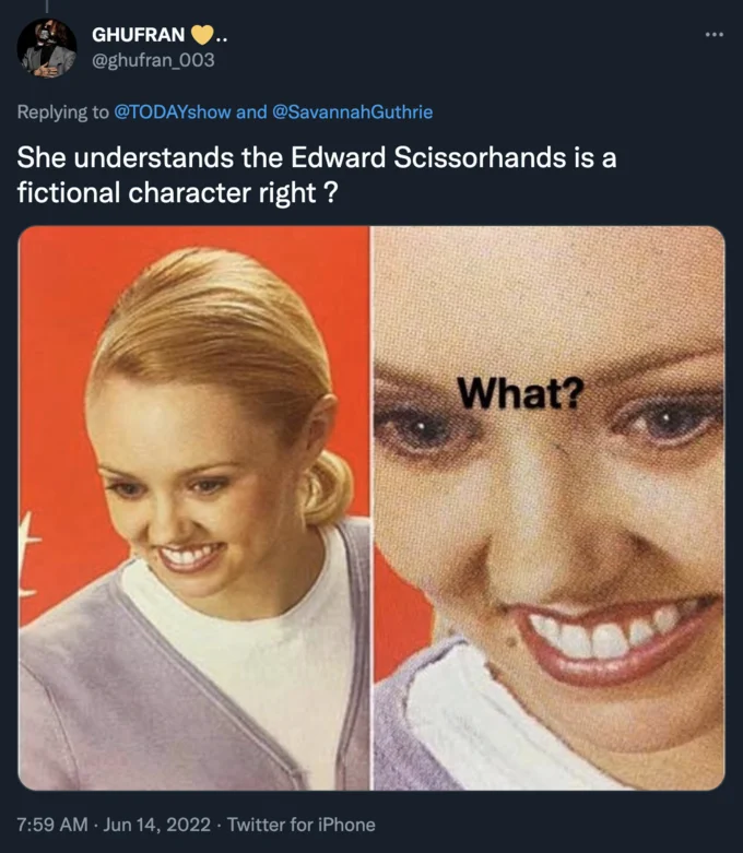 Amber Heard "Scissors For Fingers" — Tweet mocking Amber Heard's scissors-for-fingers remark using the smiling-then-confused woman reaction meme.