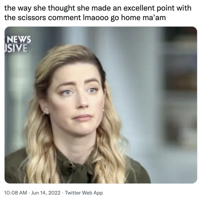 Amber Heard "Scissors For Fingers" — Tweet mocking Amber Heard's demeanor during the scissors-for-fingers comment, with her NBC News interview still.