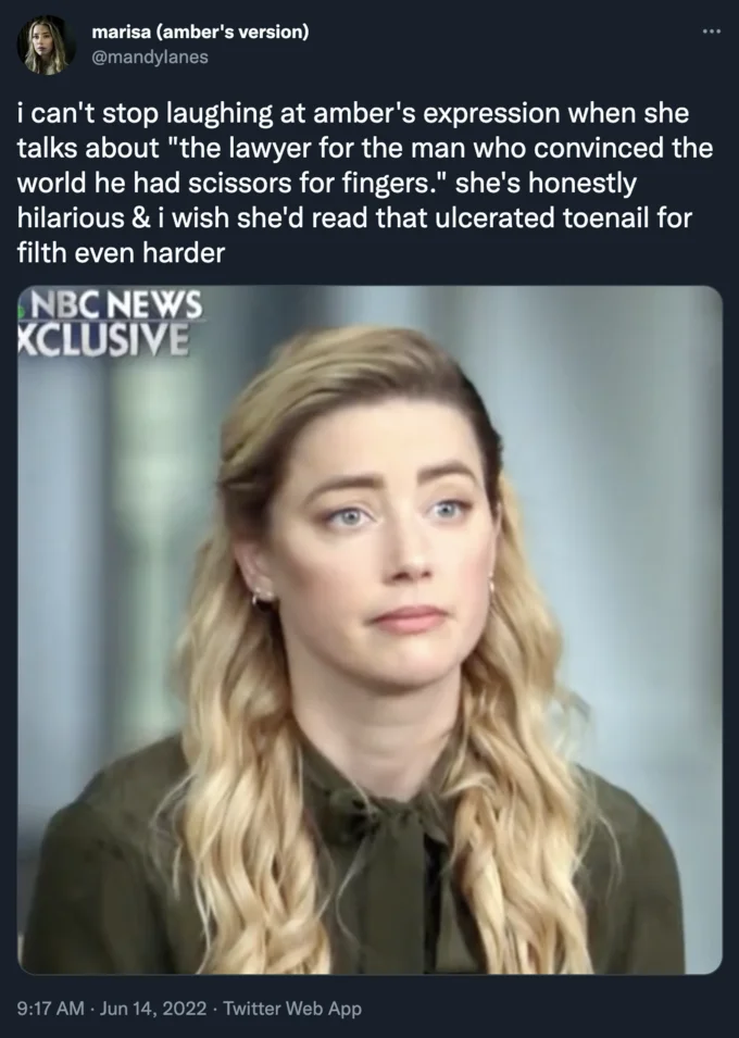 Amber Heard "Scissors For Fingers" — Tweet by marisa laughing at Amber Heard's expression while quoting her scissors-for-fingers remark.