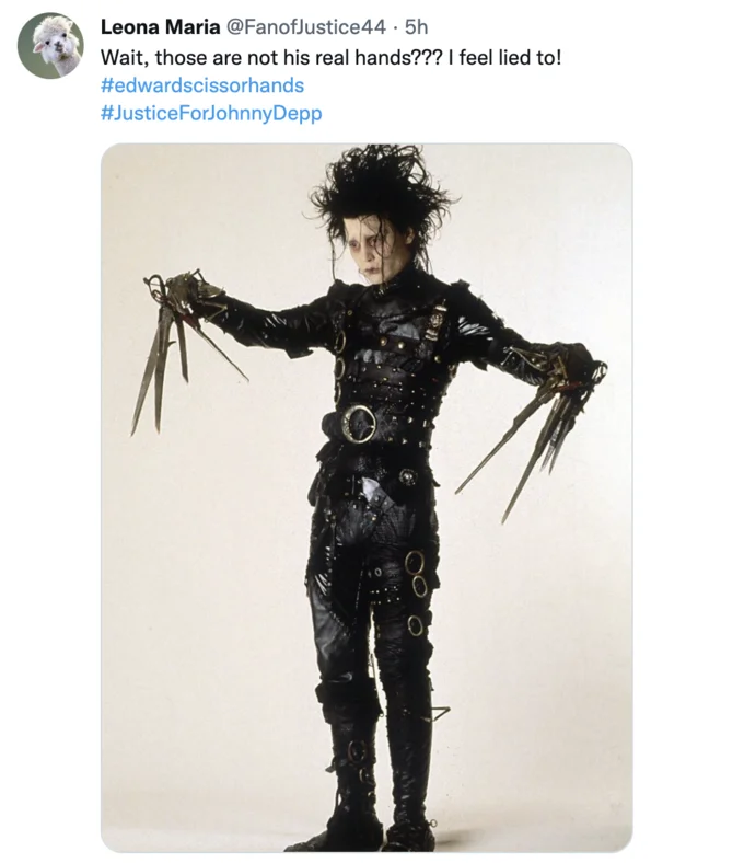 Amber Heard "Scissors For Fingers" — Tweet feigning shock that Edward Scissorhands's blades are not real, with a full-body shot of Depp in costume.
