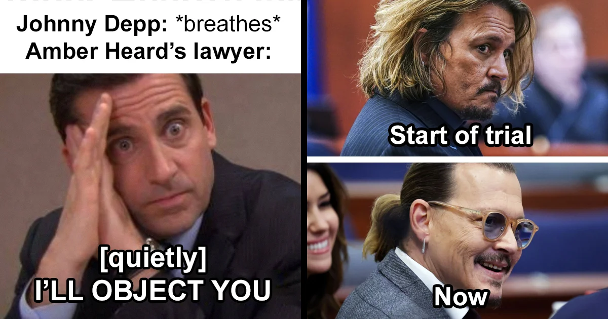 Amber Heard Trial — Viral trial meme combining reaction images from 2022 Depp vs. Heard trial with lawyer objections and courtroom panels.