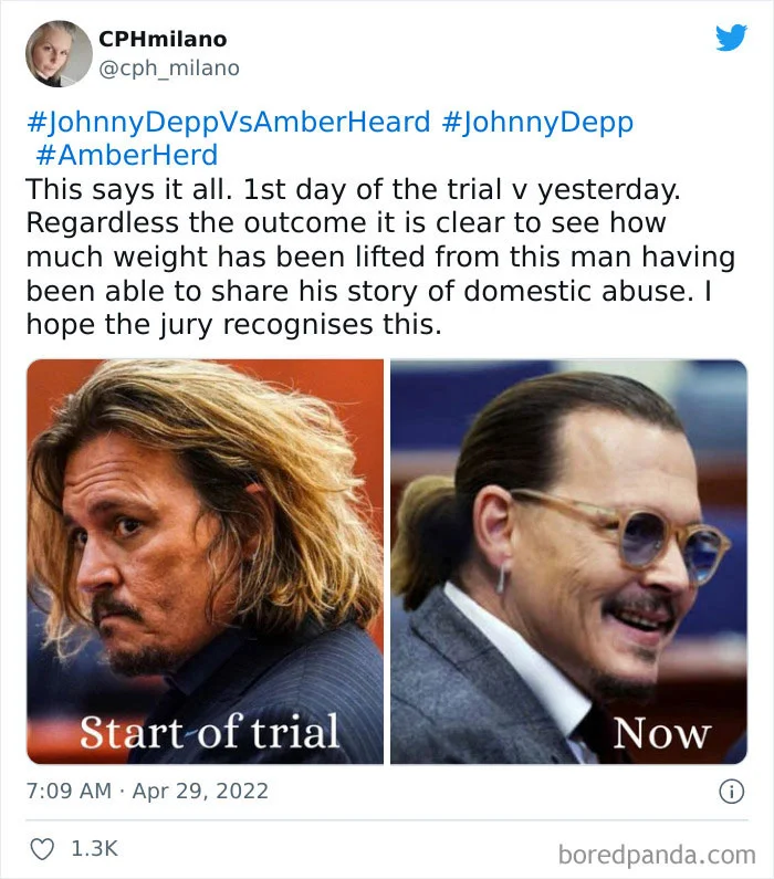 Amber Heard Trial — Twitter meme using 'Start of trial vs. Now' format with Johnny Depp portraits showing emotional relief.