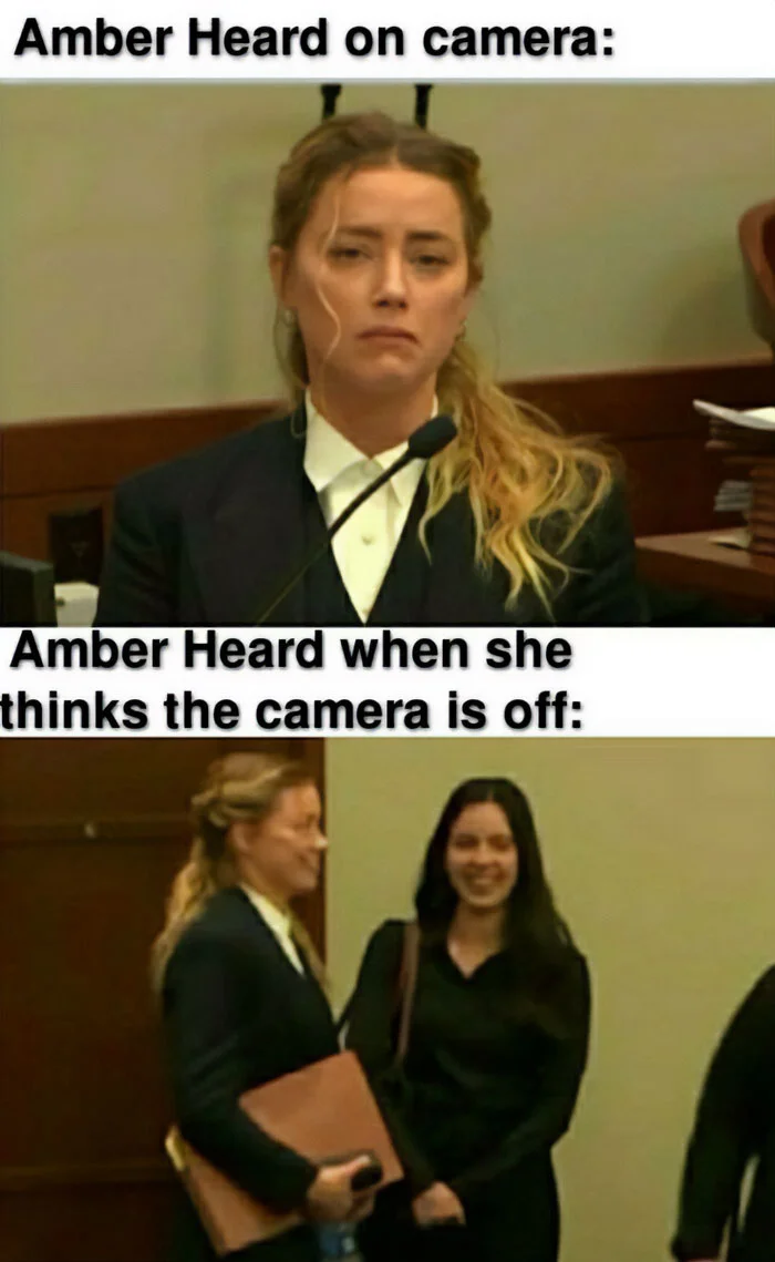 Amber Heard Trial — Two-panel meme showing Amber Heard's contrasting serious courtroom expression versus smiling off-camera.