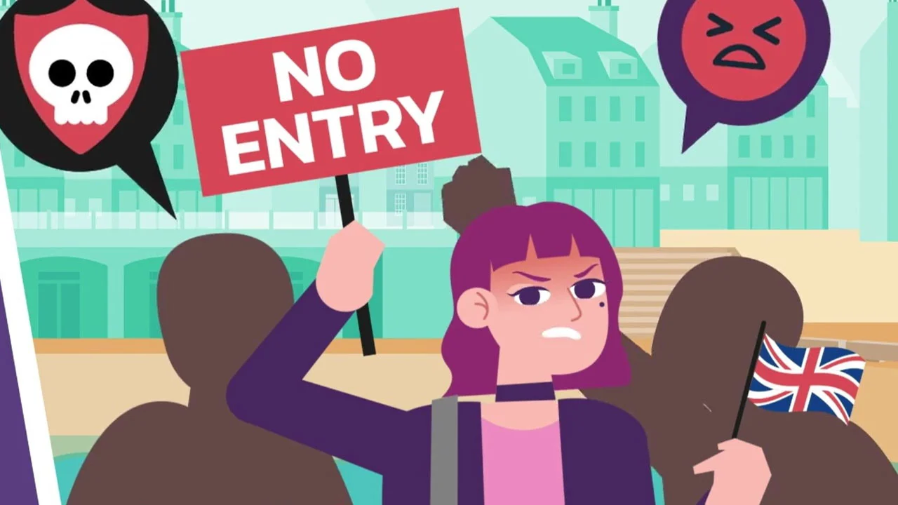 Amelia (Pathways) — Cartoon character Amelia holding a NO ENTRY protest sign with Union Jack flag