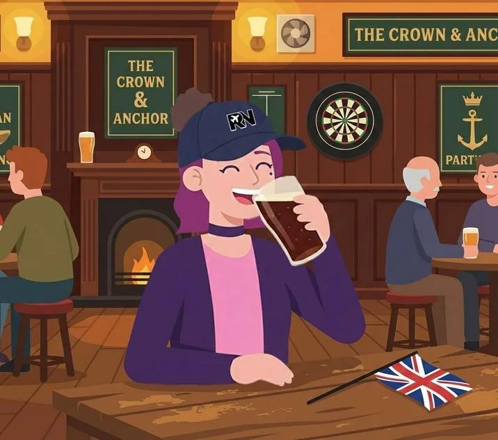Amelia (Pathways) — Amelia drinking a pint at a British pub called The Crown and Anchor