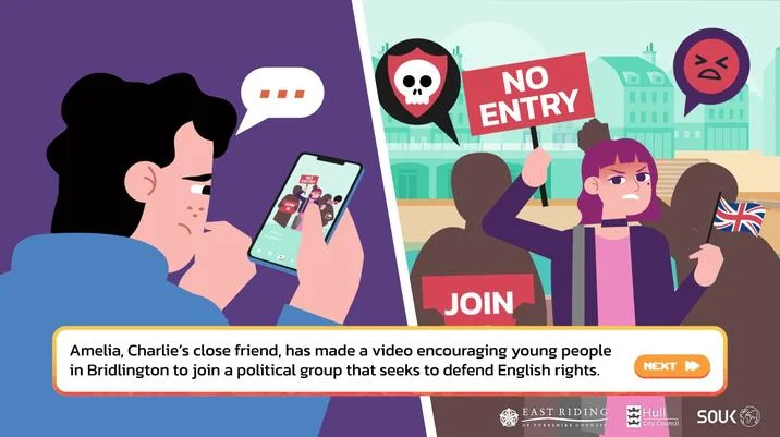 Amelia (Pathways) — Charlie watches Amelia's protest video on phone in Pathways game
