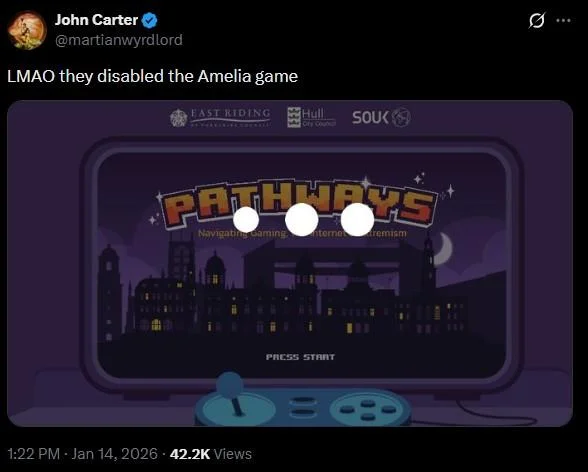 Amelia (Pathways) — Tweet announcing the Amelia Pathways game was disabled