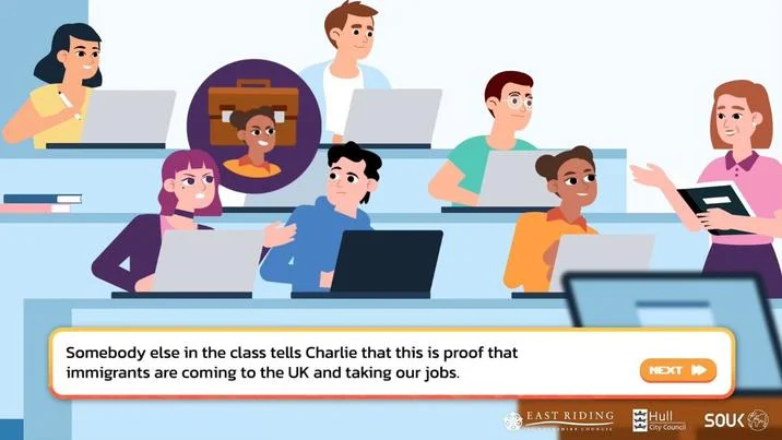 Amelia (Pathways) — Pathways game classroom scene with narrative text about immigration