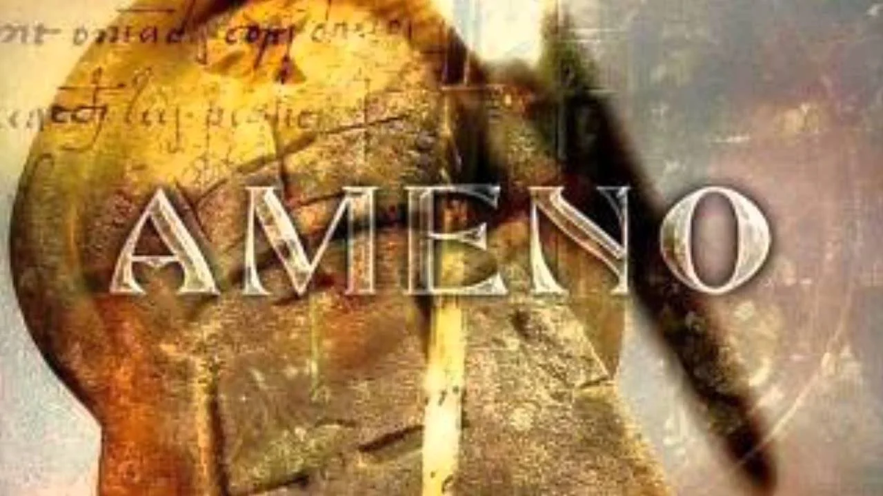 Ameno album title card with parchment and stone textures.