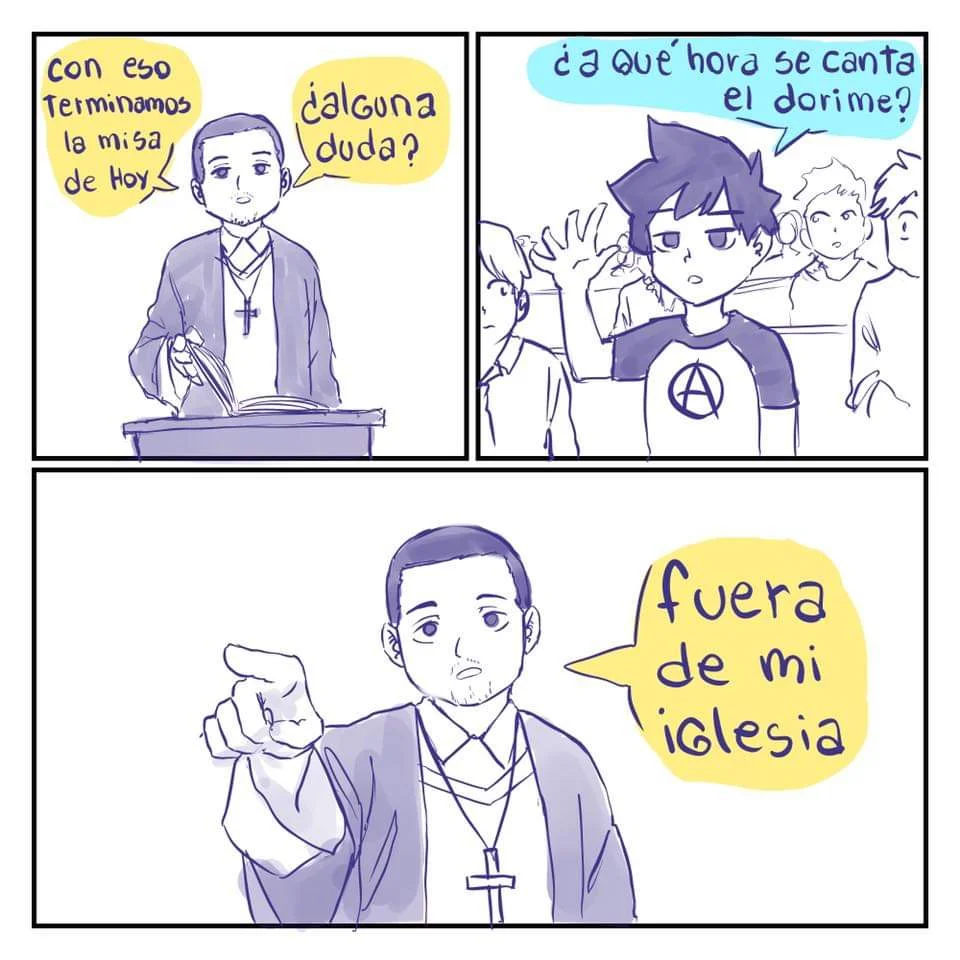 Ameno — Spanish comic strip with priest kicking out punk kid who asks about Dorime.