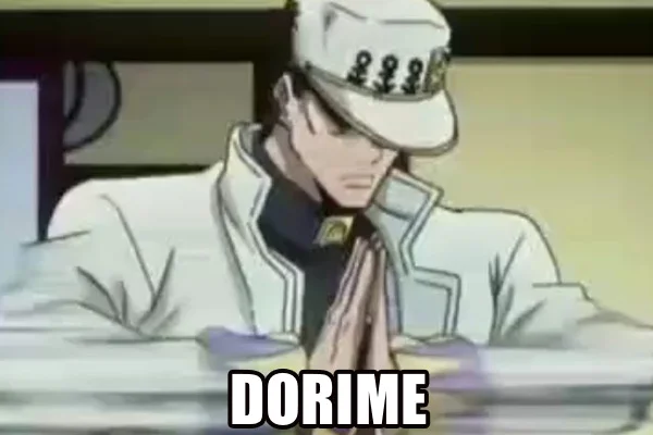 Ameno — Jotaro Kujo praying with 'Dorime' caption.