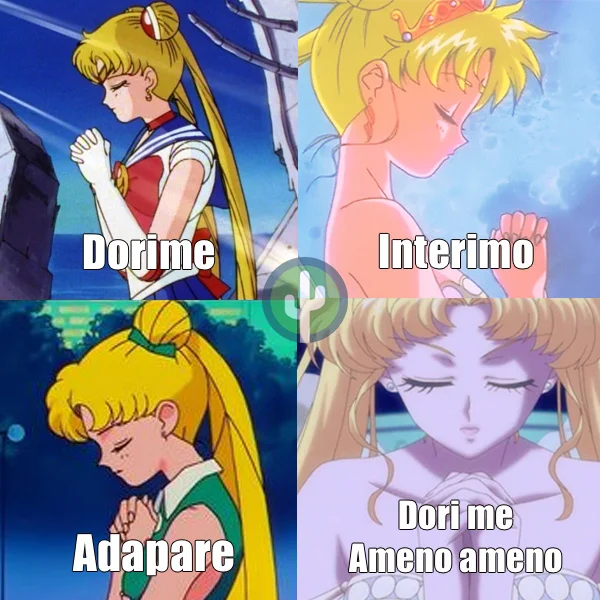 Four Sailor Moon panels captioned with Ameno lyrics Dorime, Interimo, Adapare, Ameno.